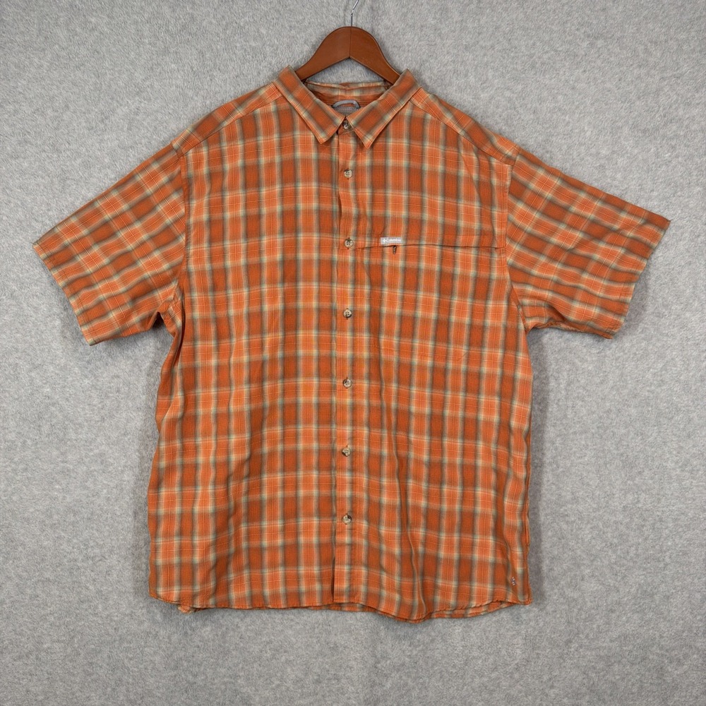 Columbia Shirt Mens 2XL Orange Plaid Short Sleeve Button Up Omni Shade Outdoor